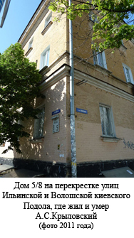 Здесь на перекрестке улиц Ильинской и Волошской киевского Подола (дом 5/8) жил и умер А.С. Крыловский (фото 2011 года)